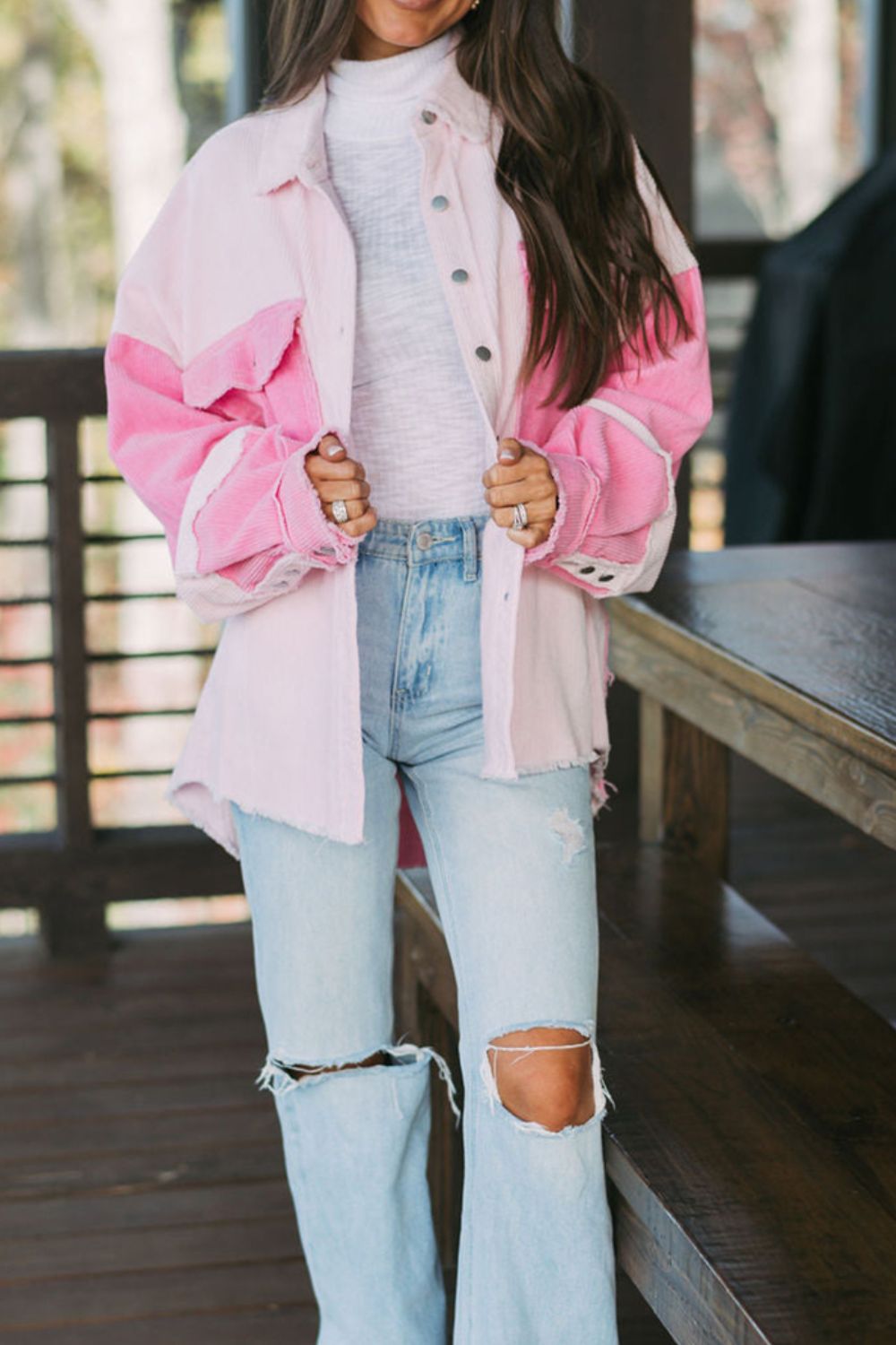 Carrie Two-tone Color Exposed Seam Corduroy Shacket