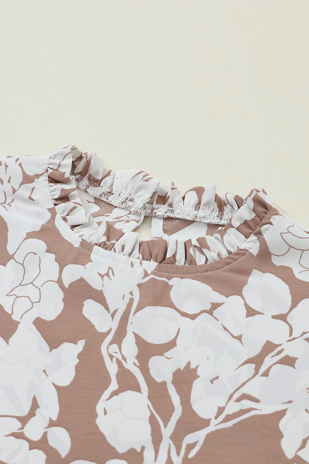 Amelie Light French Beige Floral Print Frilled Neckline Flounce Sleeve Blouse