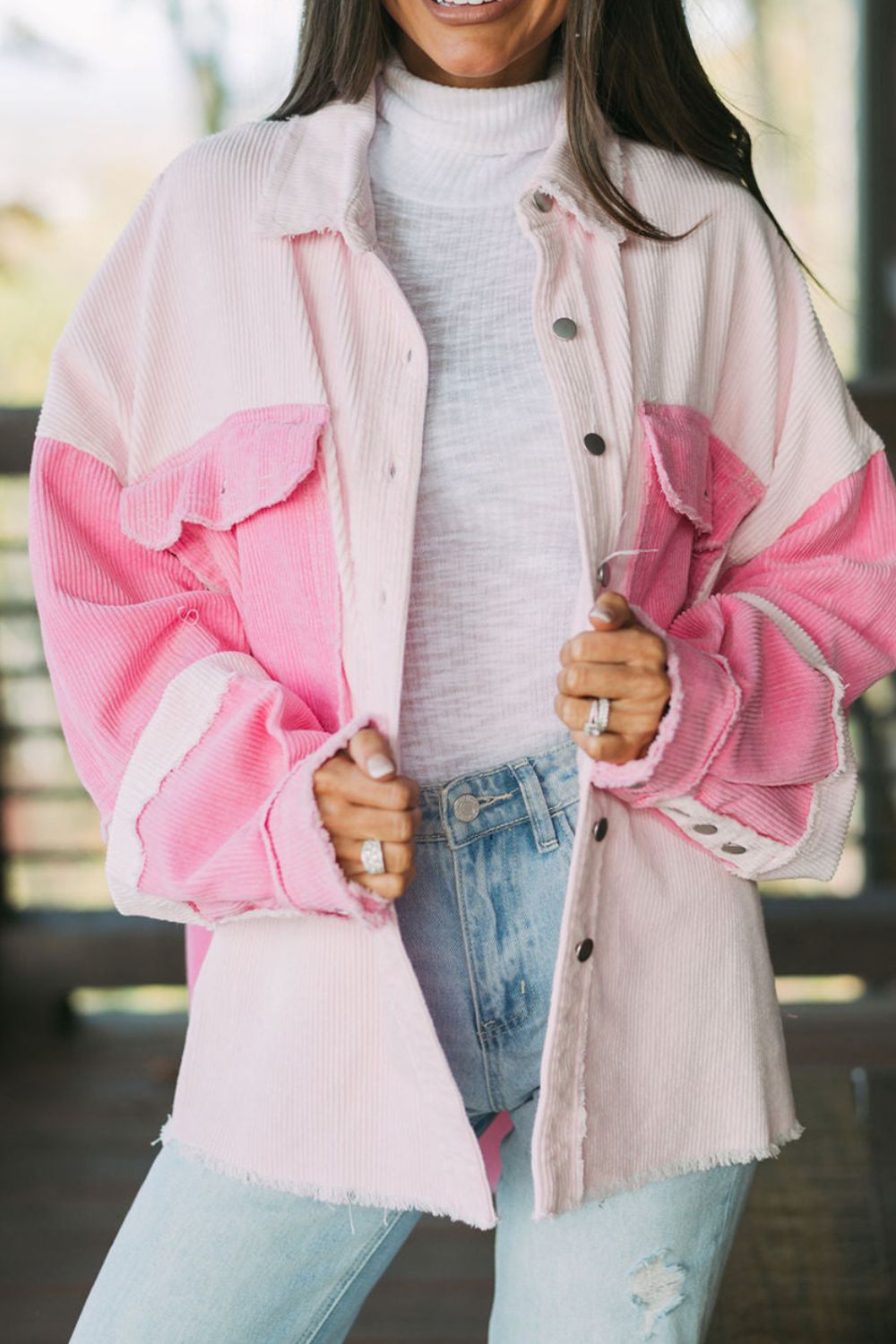 Carrie Two-tone Color Exposed Seam Corduroy Shacket