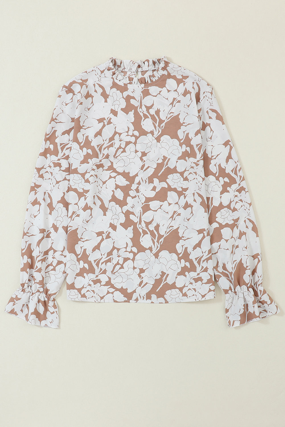 Amelie Light French Beige Floral Print Frilled Neckline Flounce Sleeve Blouse