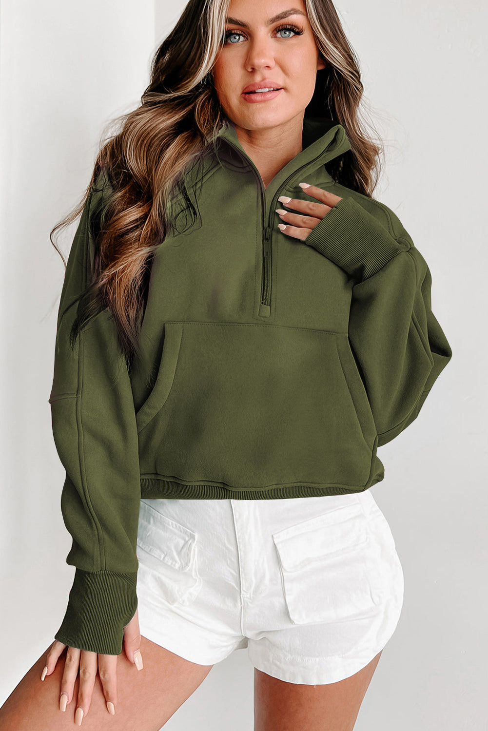 Hunter Green Zip Up Stand Collar Ribbed Thumbhole Sleeve Sweatshirt