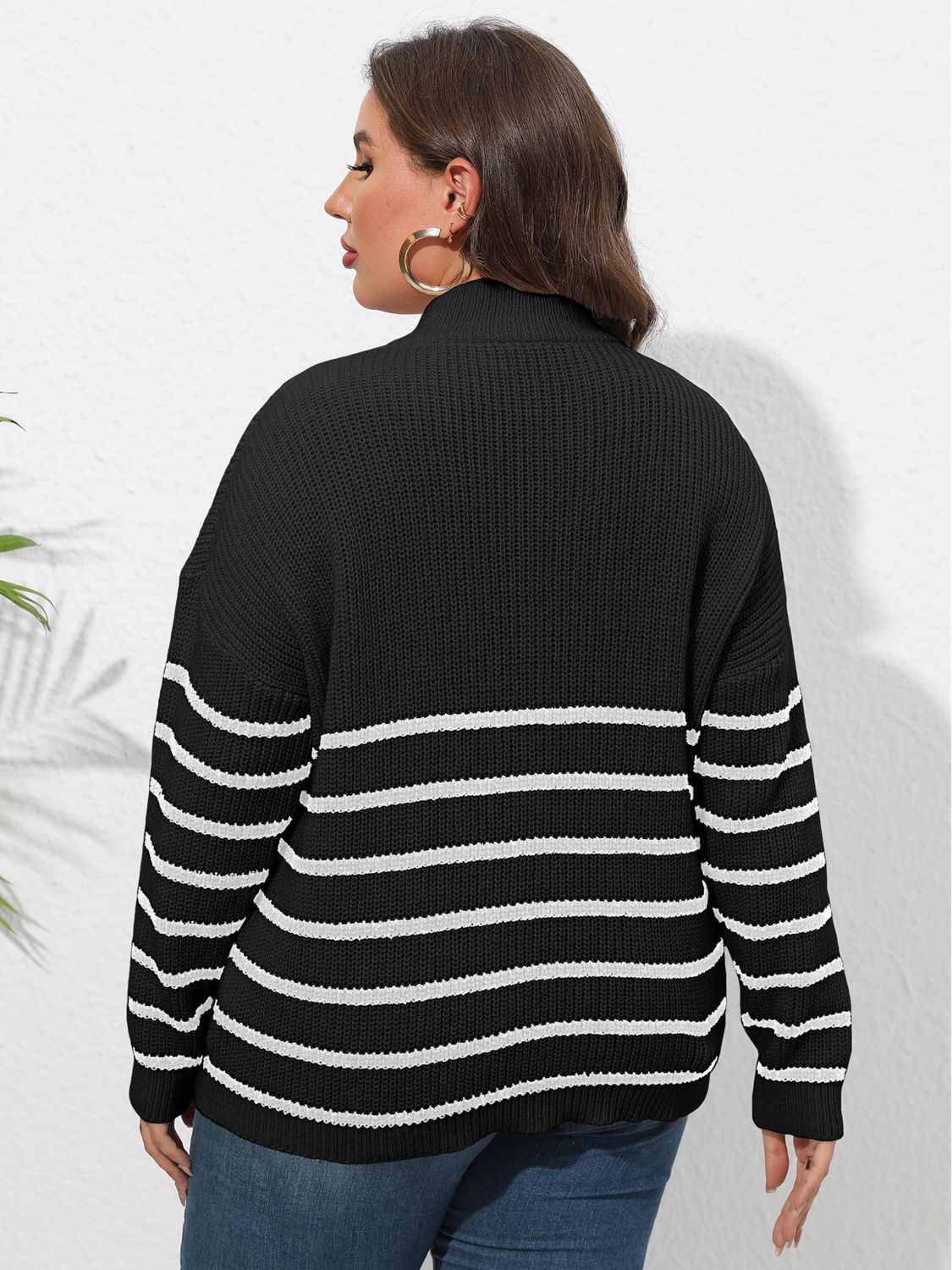 Size Inclusive Zip-Up Striped Sweater with Heart Logo
