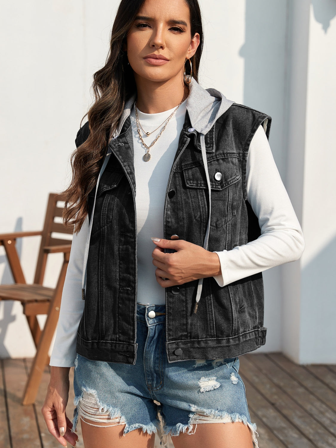 Pocketed Button Up Hooded Denim Vest Jacket WiseButterfly Shop