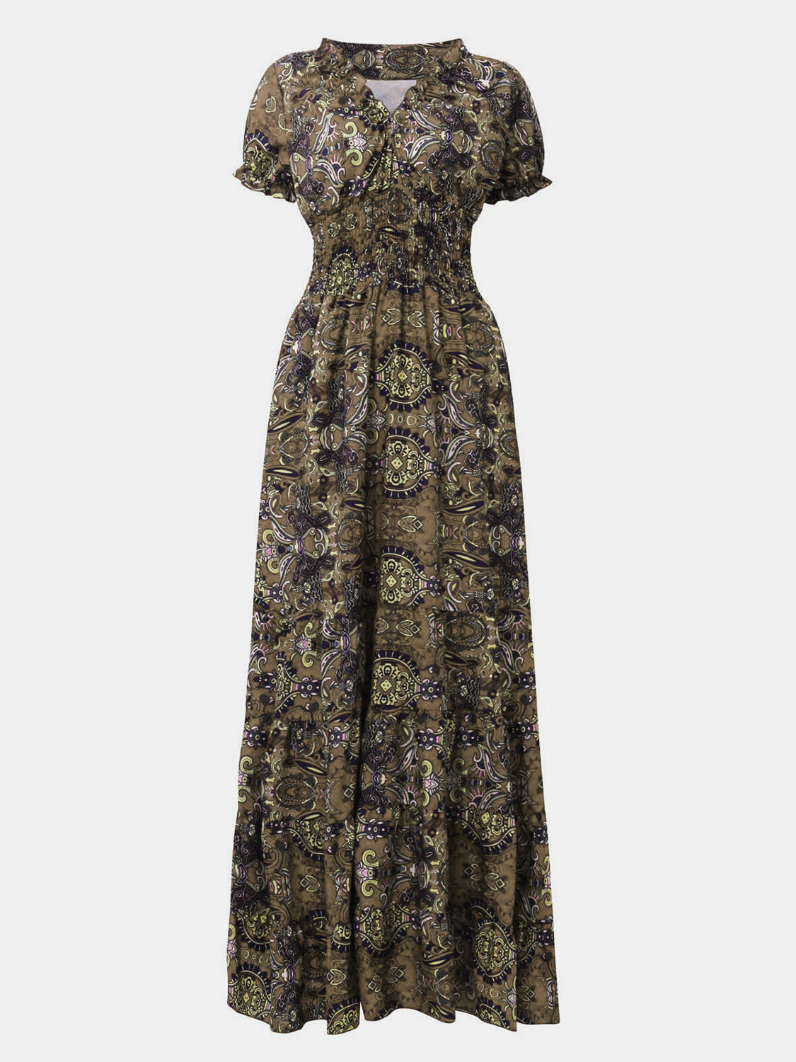 Size Inclusive Smocked Printed V-Neck Short Sleeve Dress