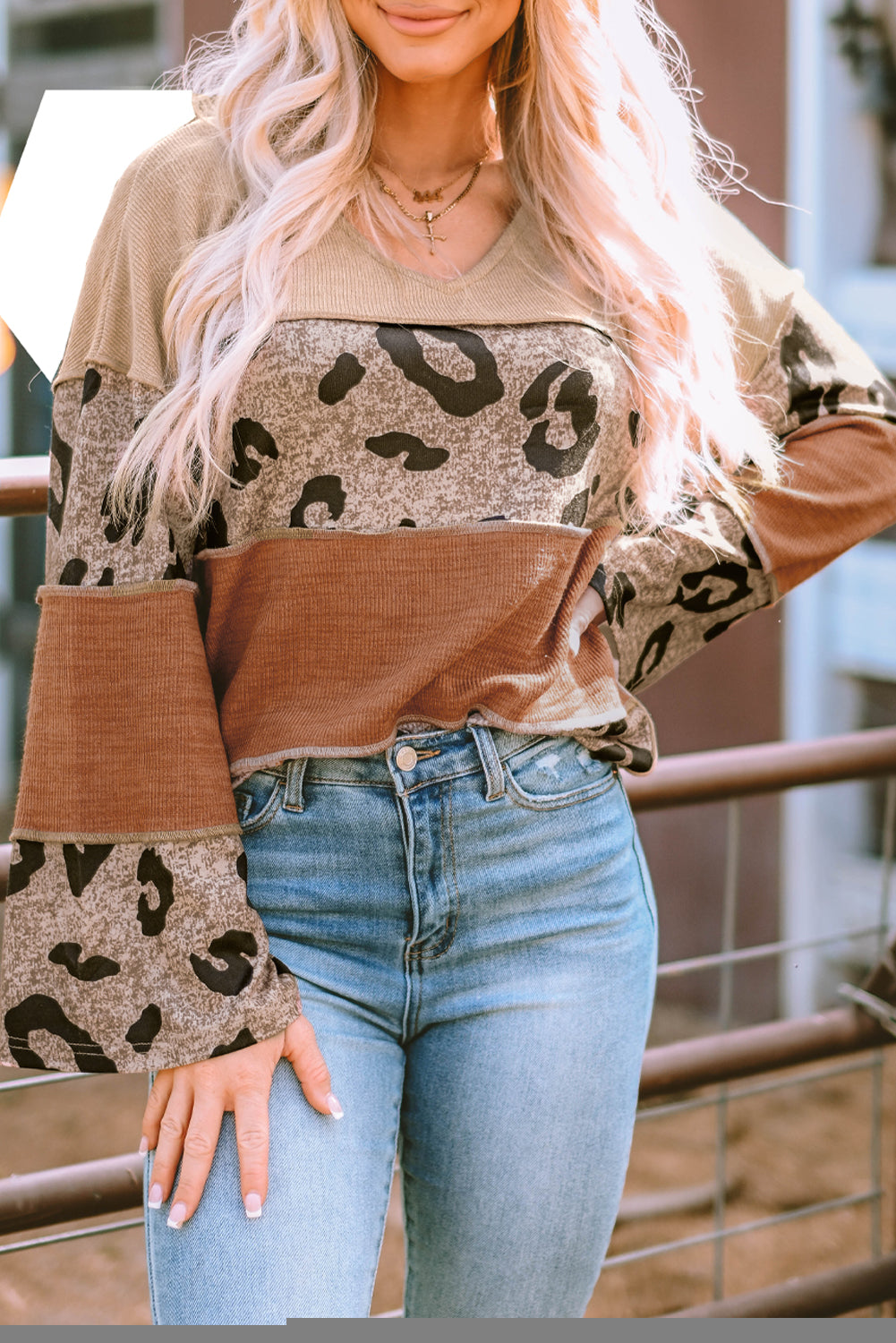 Leopard Colorblock V-Neck Loose Sleeve Knit Top