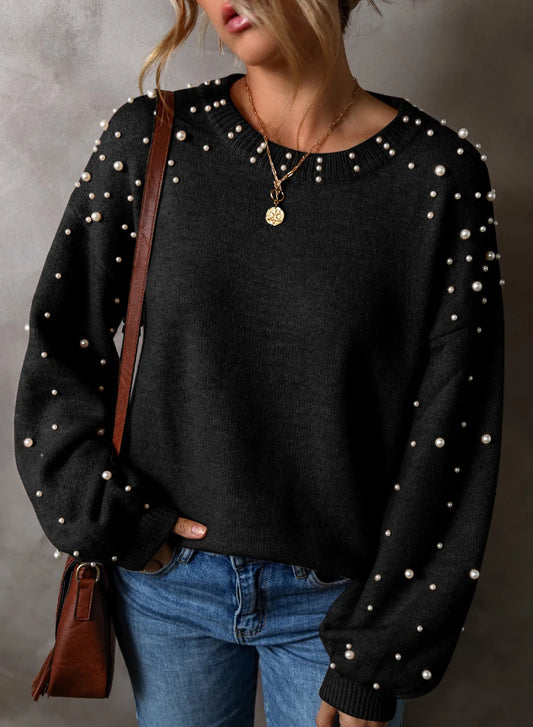 Savannah Pearl Detail Round Neck Long Sleeve Sweater