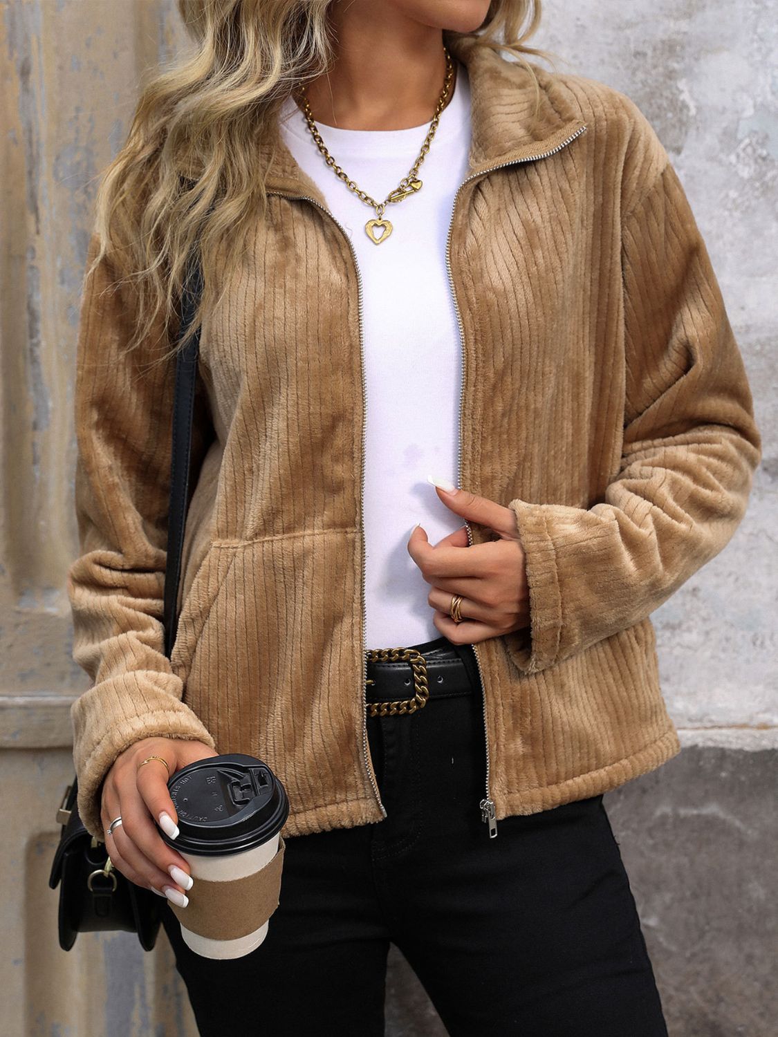 Cozy Pocketed Zip Up Collared Neck Long Sleeve Jacket