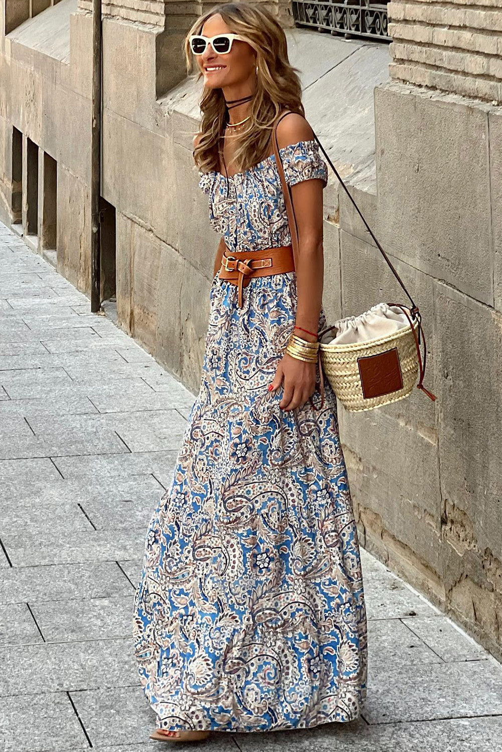 Boho Blue Paisley Off Shoulder Maxi Dress