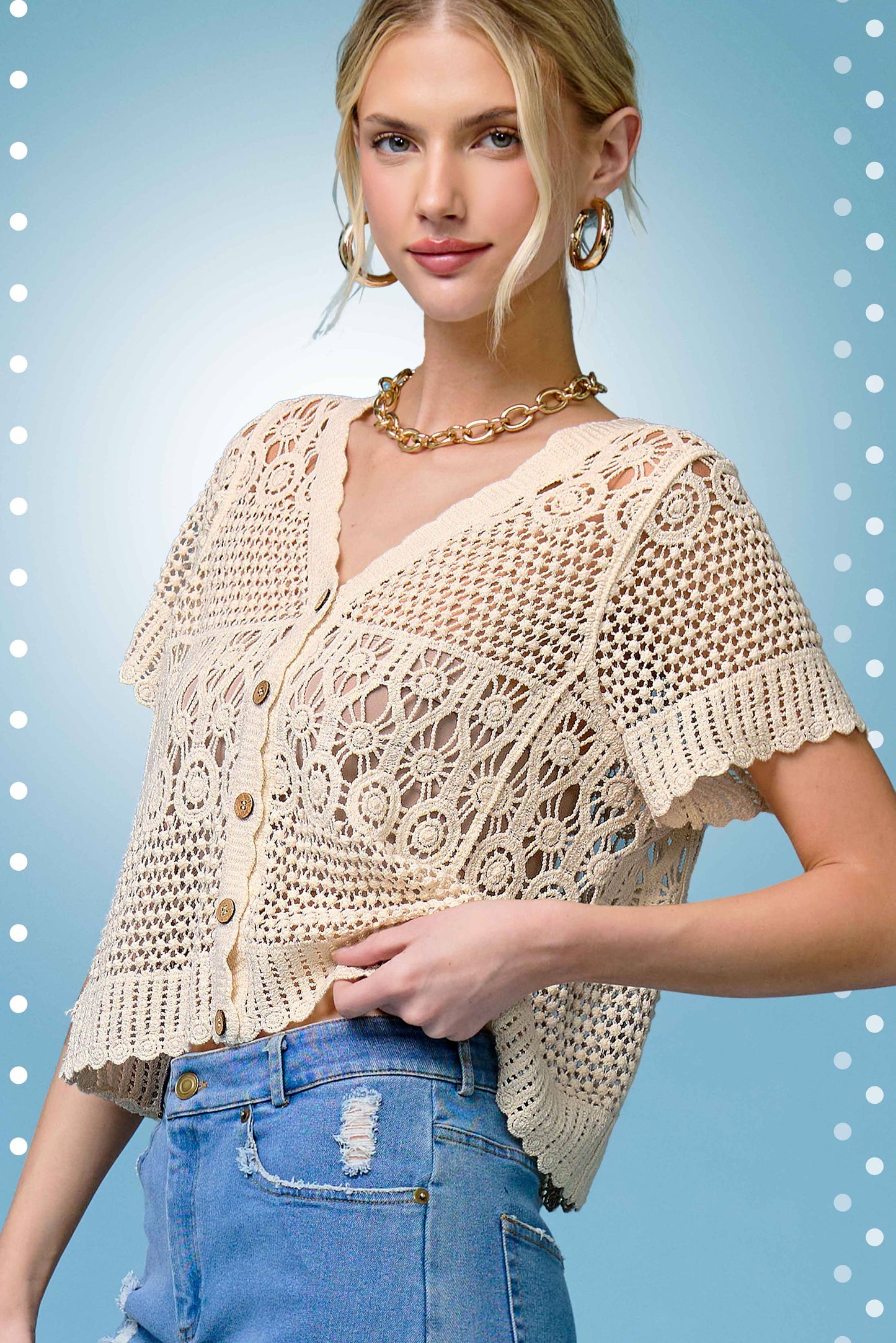 Open Knit Scallop Edge Button Down Cardigan
