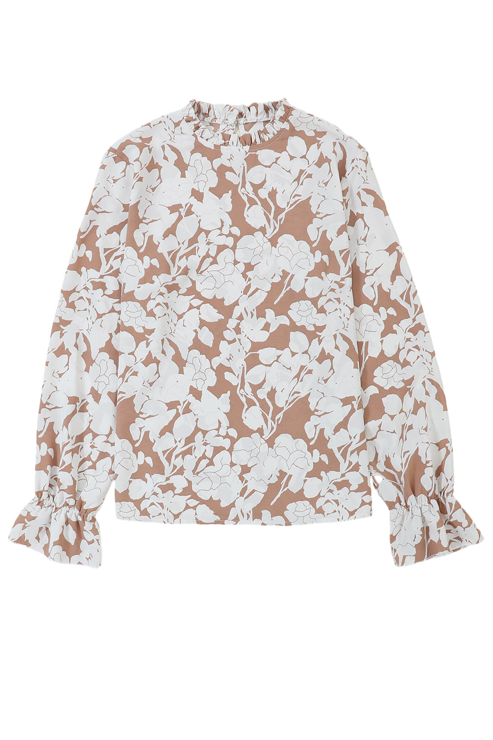 Amelie Light French Beige Floral Print Frilled Neckline Flounce Sleeve Blouse