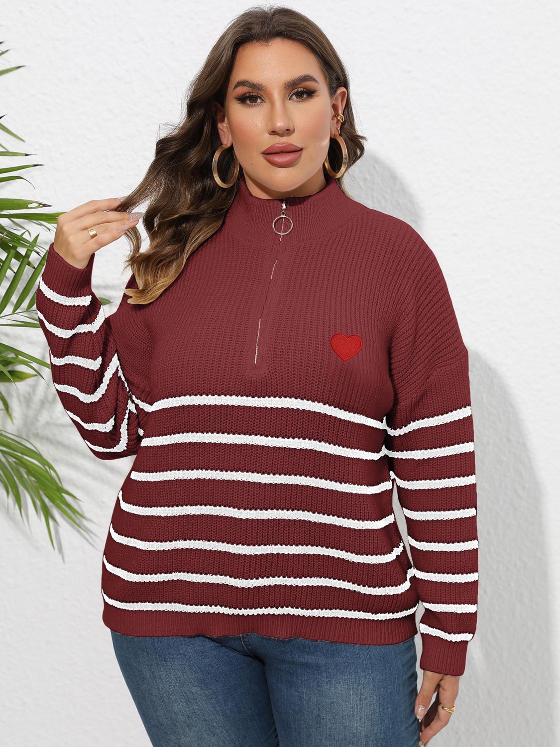 Size Inclusive Zip-Up Striped Sweater with Heart Logo