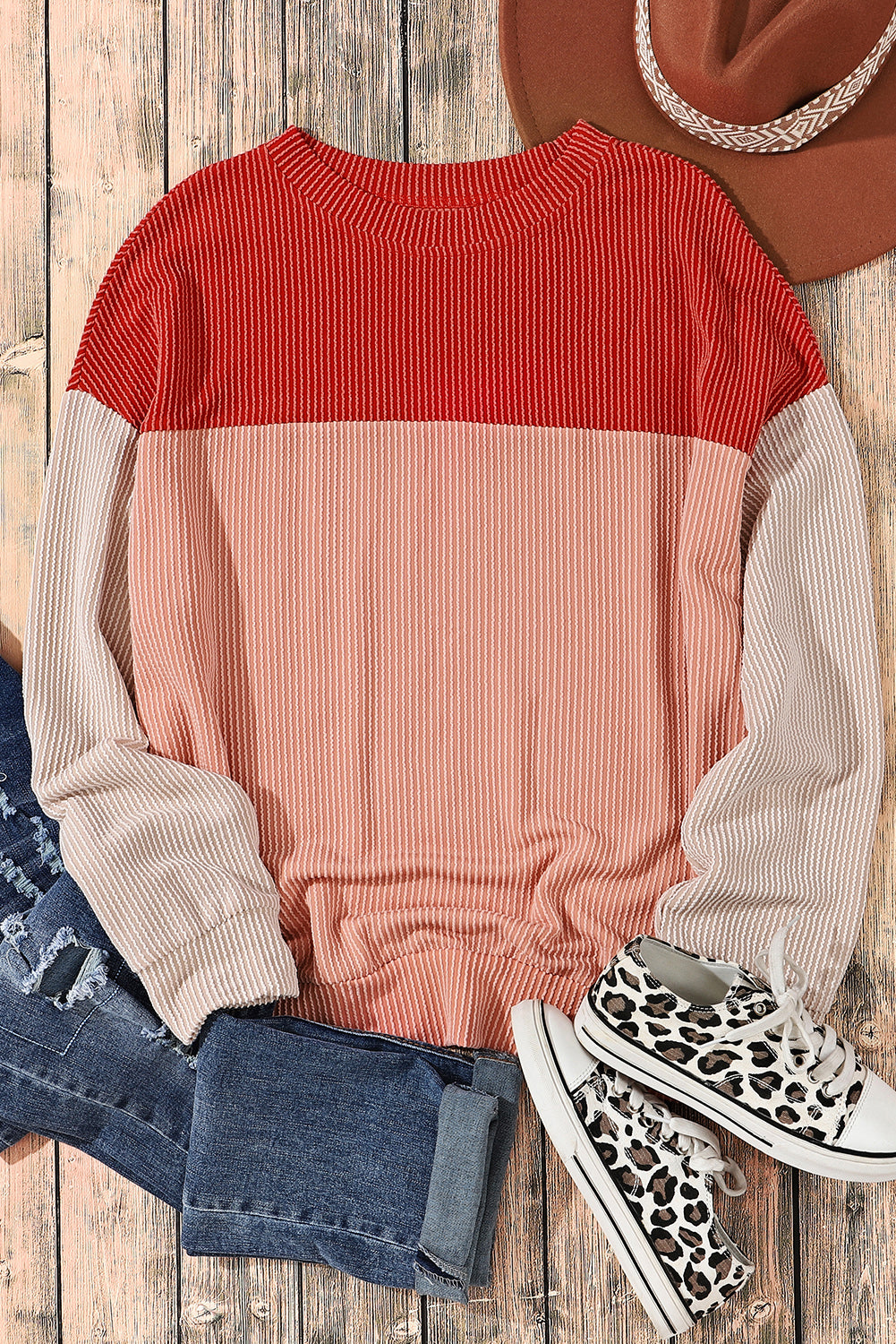 Red Color Block Long Sleeve Ribbed Loose Top