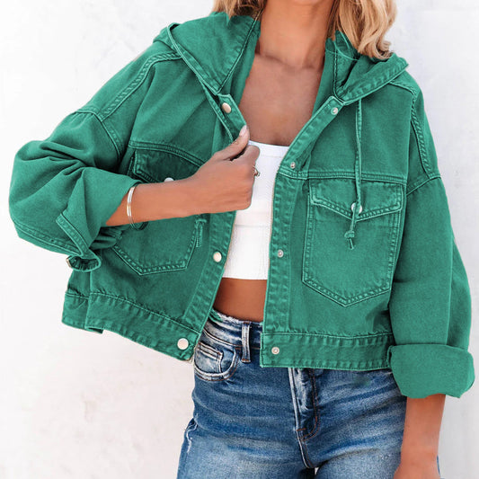 comfortable cute denim jacket with hoodie long sleeves available in a variety of colors teal fuchsia blue camel
