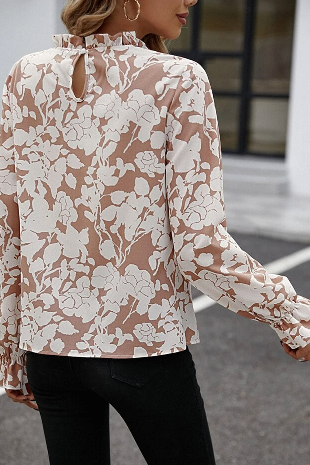 Amelie Light French Beige Floral Print Frilled Neckline Flounce Sleeve Blouse