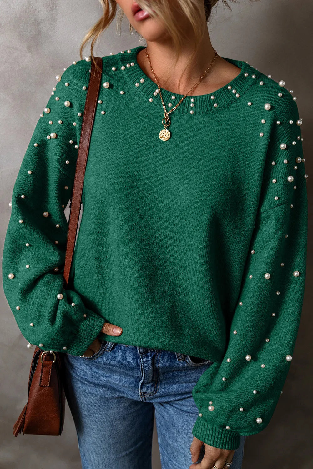 Savannah Pearl Detail Round Neck Long Sleeve Sweater