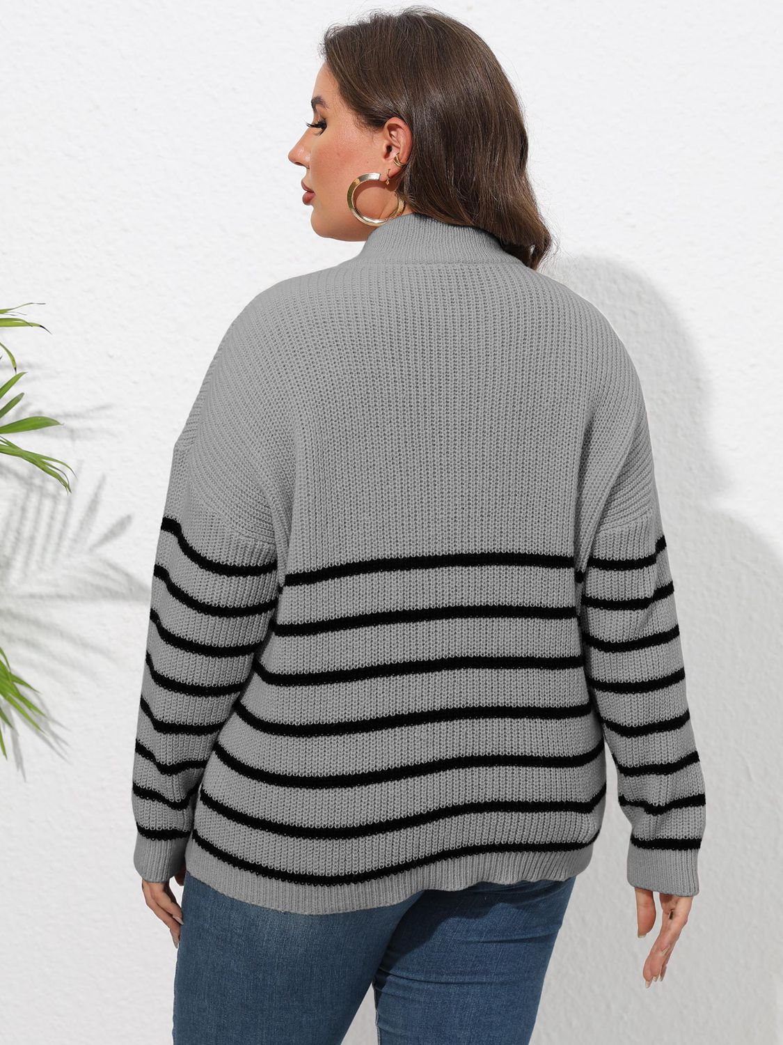 Size Inclusive Zip-Up Striped Sweater with Heart Logo