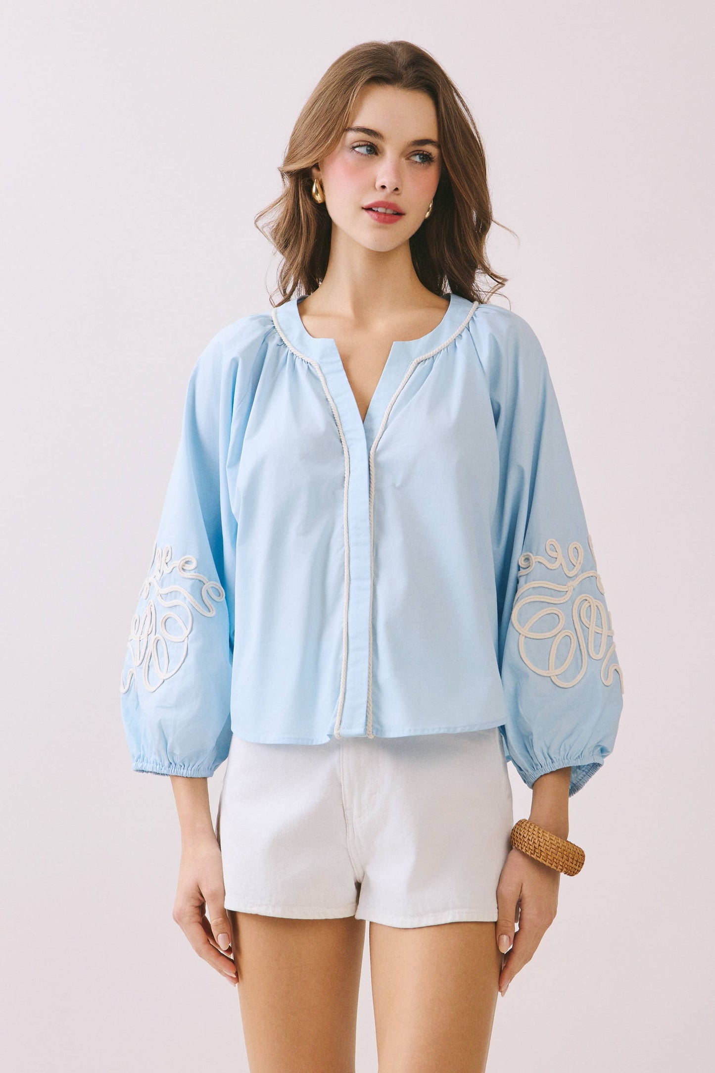 Bold Embroidery Voluminous Puff Sleeves Blouse