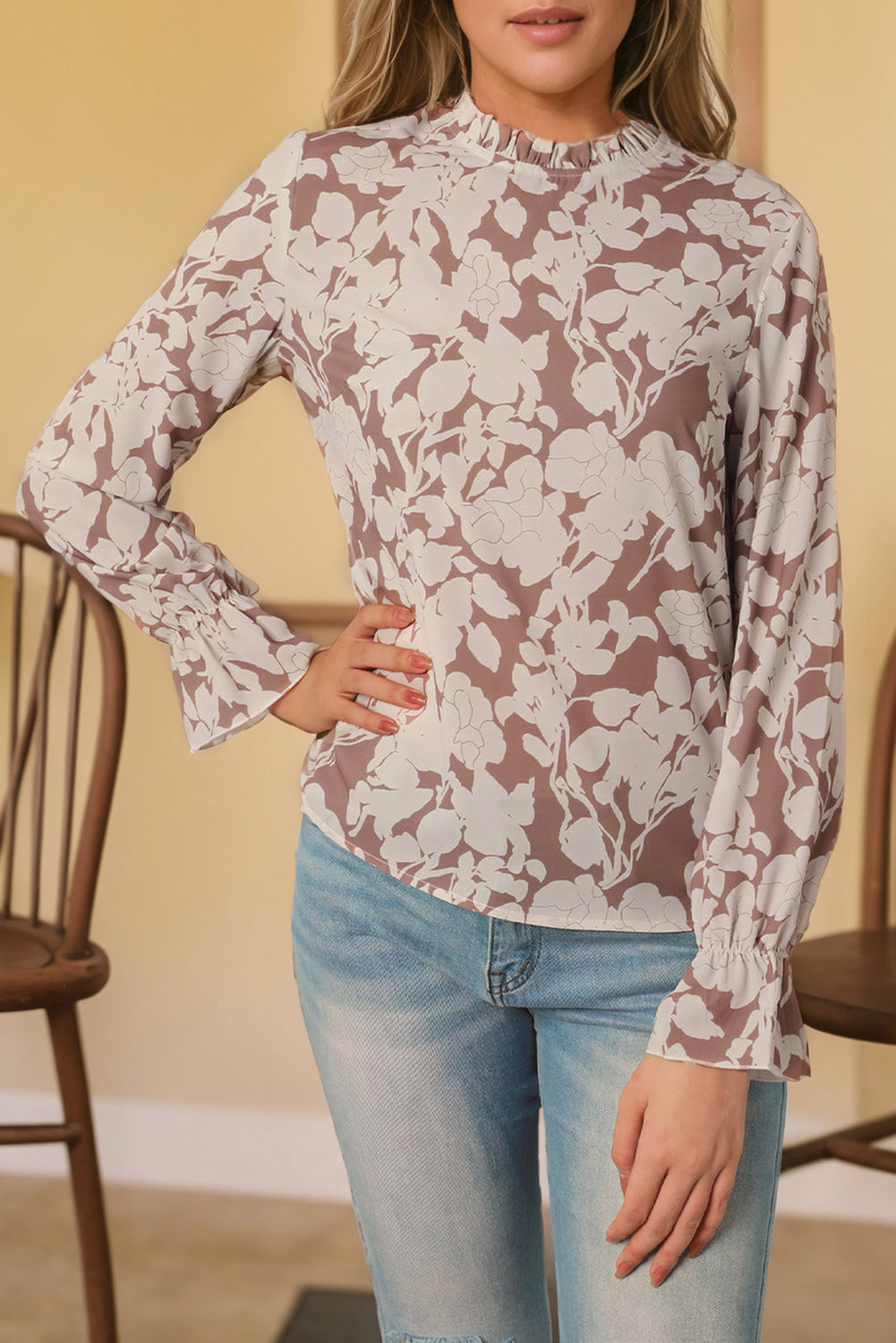 Amelie Light French Beige Floral Print Frilled Neckline Flounce Sleeve Blouse
