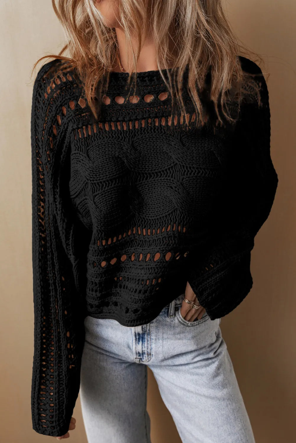 Jaclyn Knit Openwork Long Sleeve Sweater