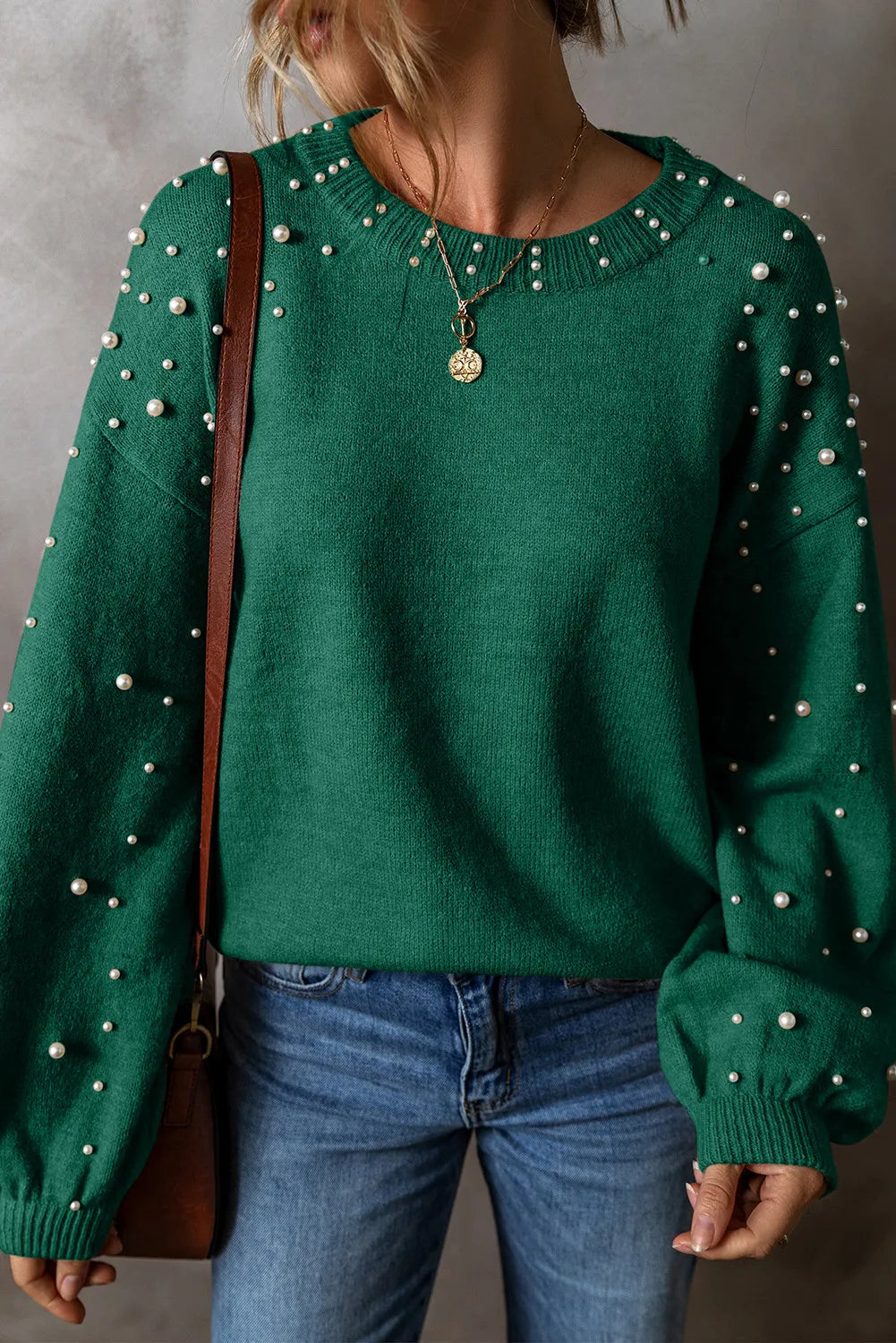 Savannah Pearl Detail Round Neck Long Sleeve Sweater