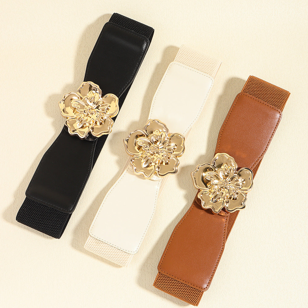Elastic Belt Flexible Fit Floral Gold Alloy Buckle