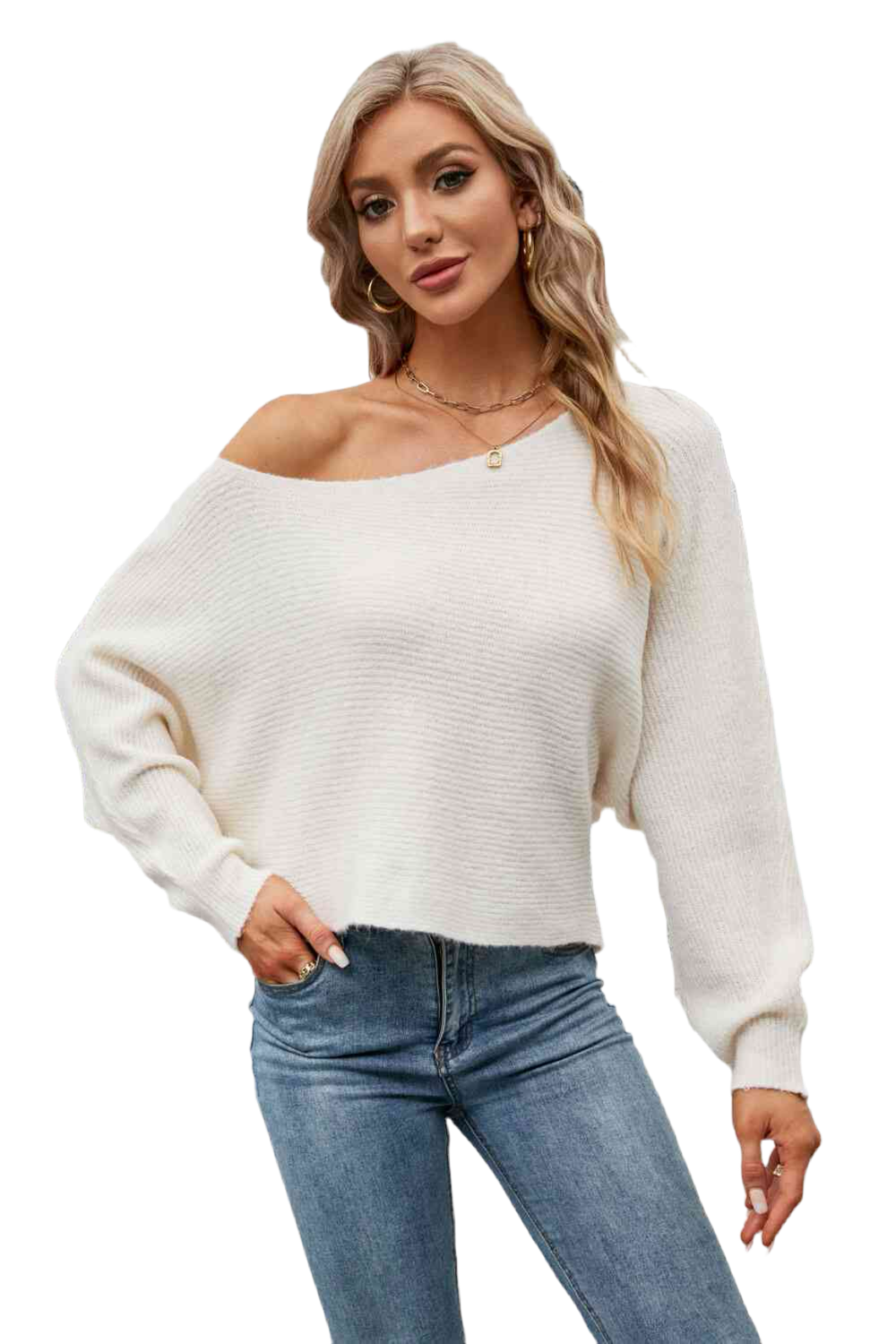 Boat Neck Horizontal Ribbing Dolman Sleeve Sweater