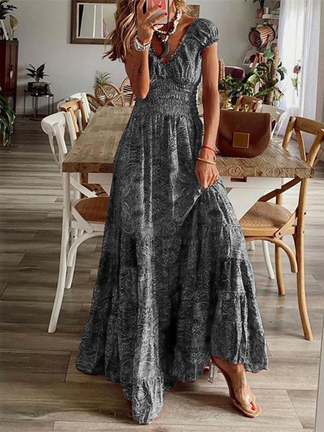 Slate Color Print Maxi Dress Short Cap Sleeves Smocked Waist Versatile Multi Occasion Dress