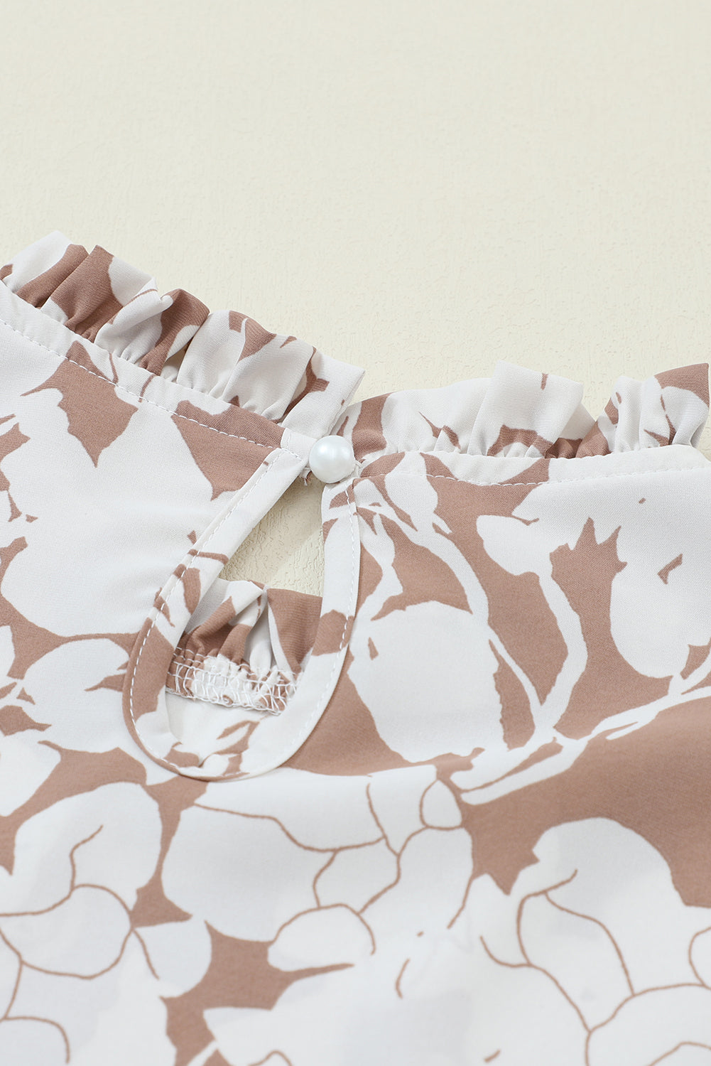Amelie Light French Beige Floral Print Frilled Neckline Flounce Sleeve Blouse