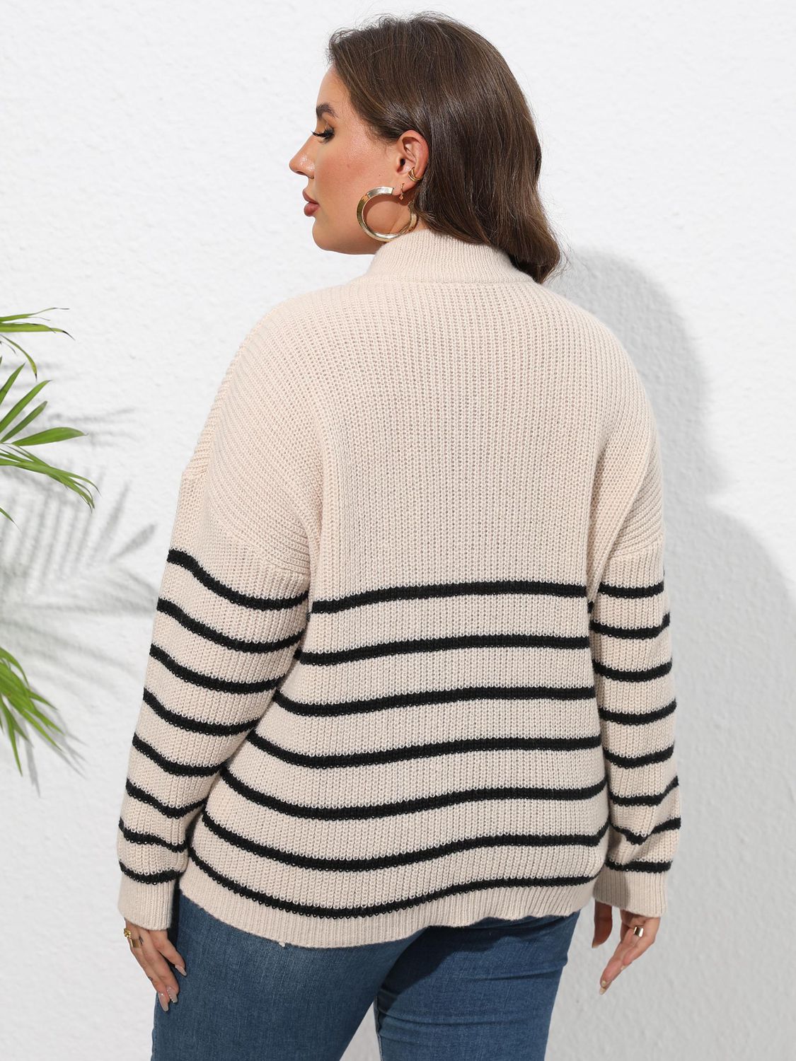 Size Inclusive Zip-Up Striped Sweater with Heart Logo