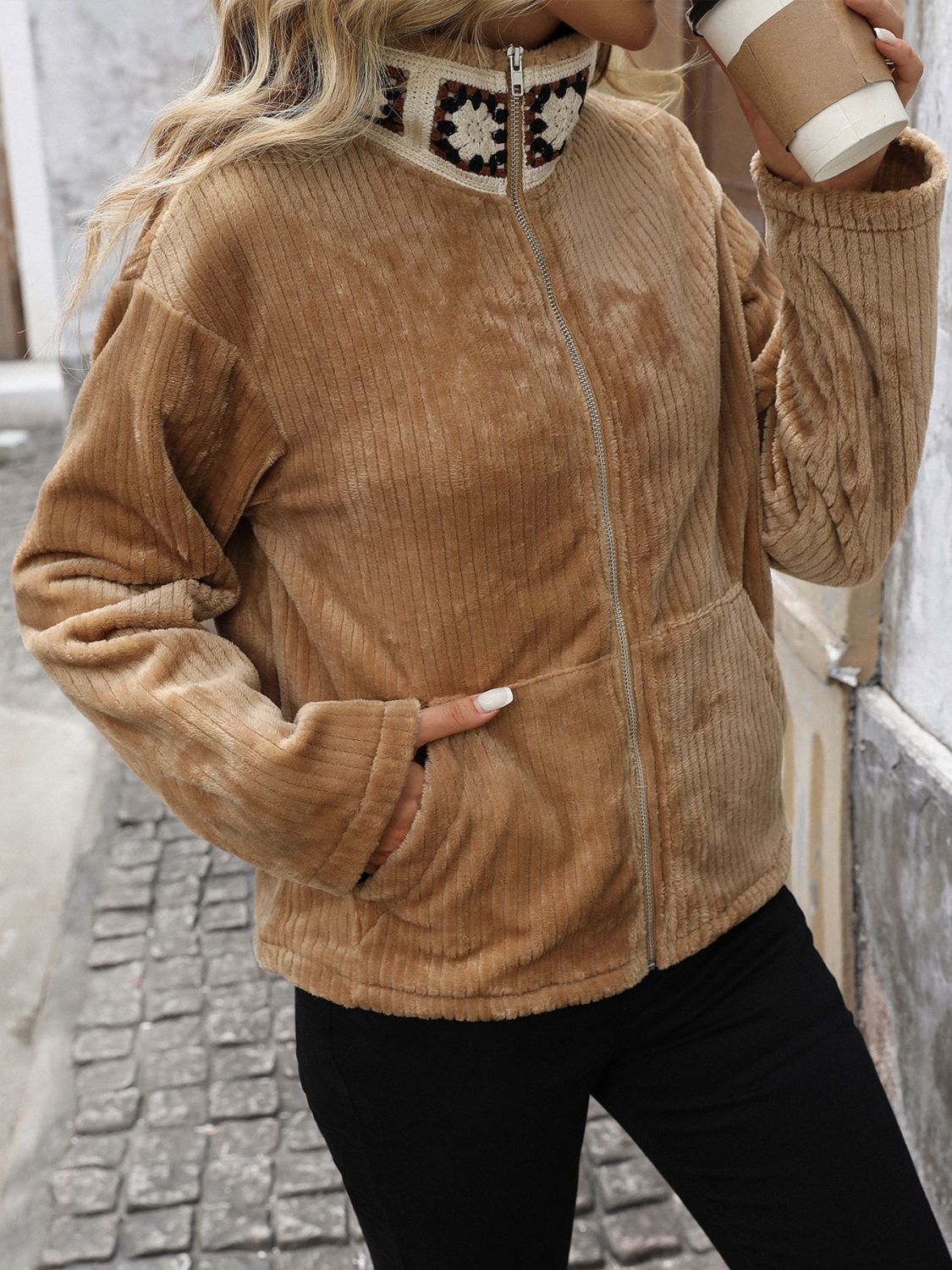 Cozy Pocketed Zip Up Collared Neck Long Sleeve Jacket