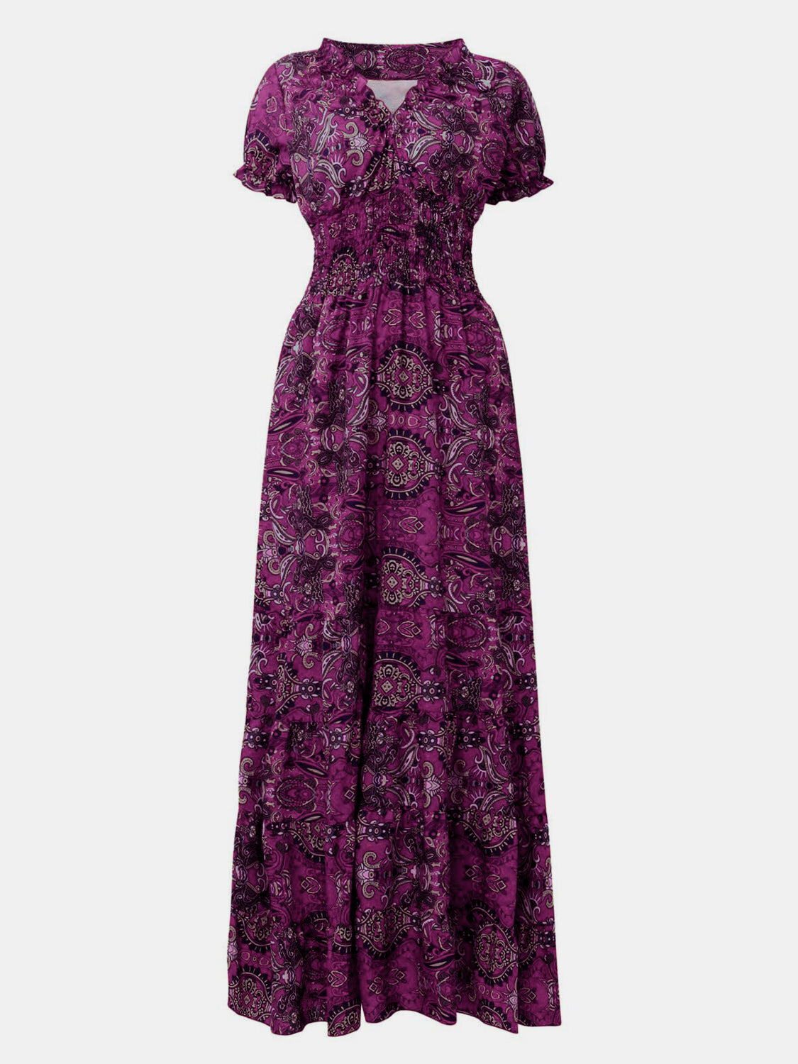 Size Inclusive Smocked Printed V-Neck Short Sleeve Dress