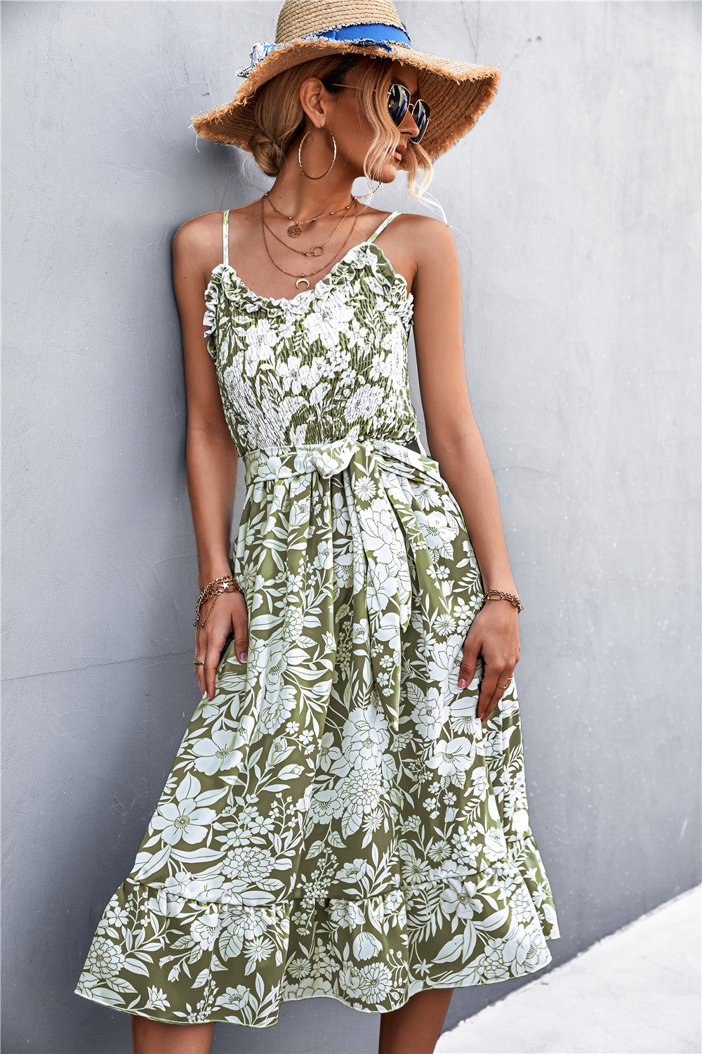 floral spaghetti strap dress with tie belt ruffle neckline