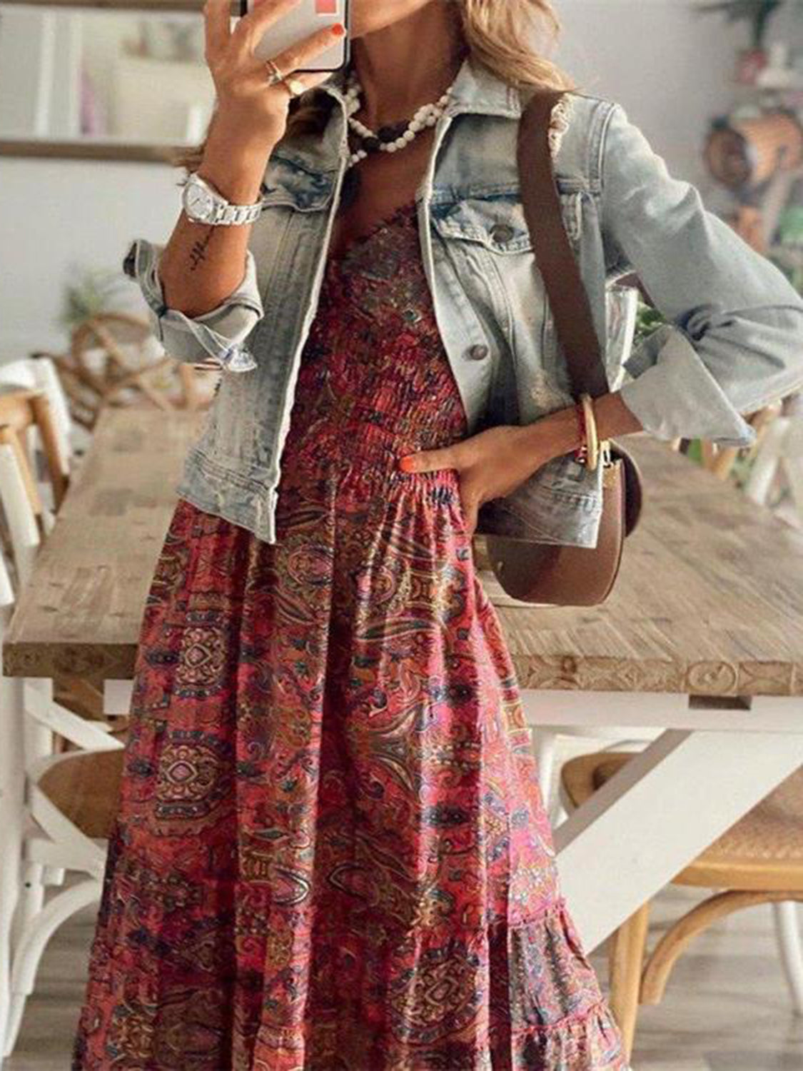 Size Inclusive Smocked Printed V-Neck Short Sleeve Dress