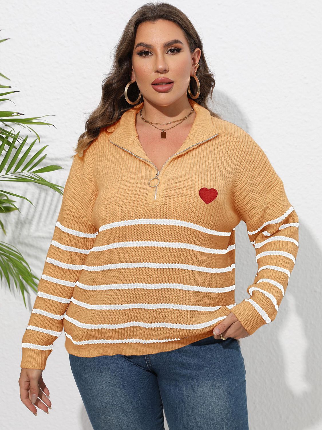 Size Inclusive Zip-Up Striped Sweater with Heart Logo