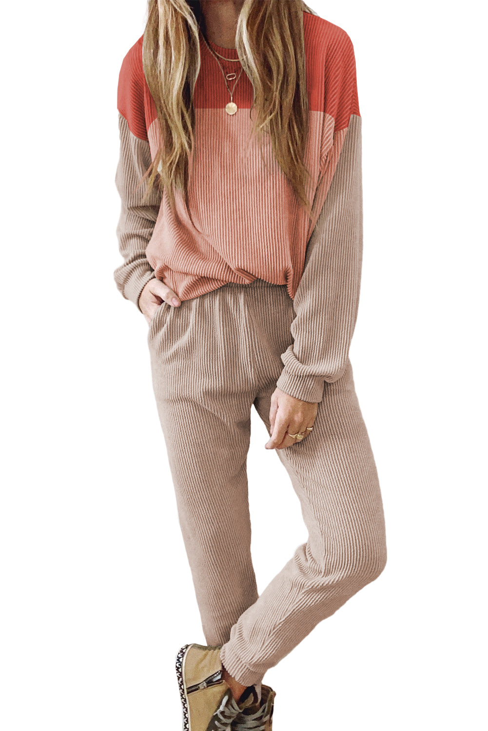 Corded 2 piece Colorblock Pullover and Pants Outfit