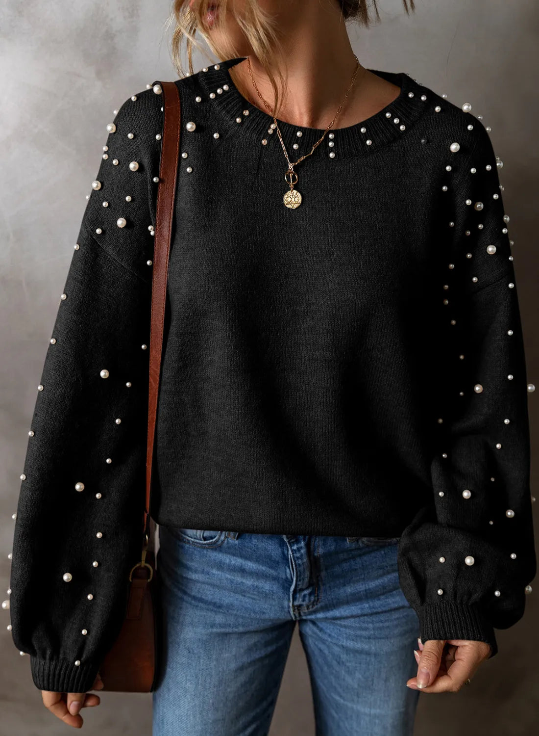 Savannah Pearl Detail Round Neck Long Sleeve Sweater