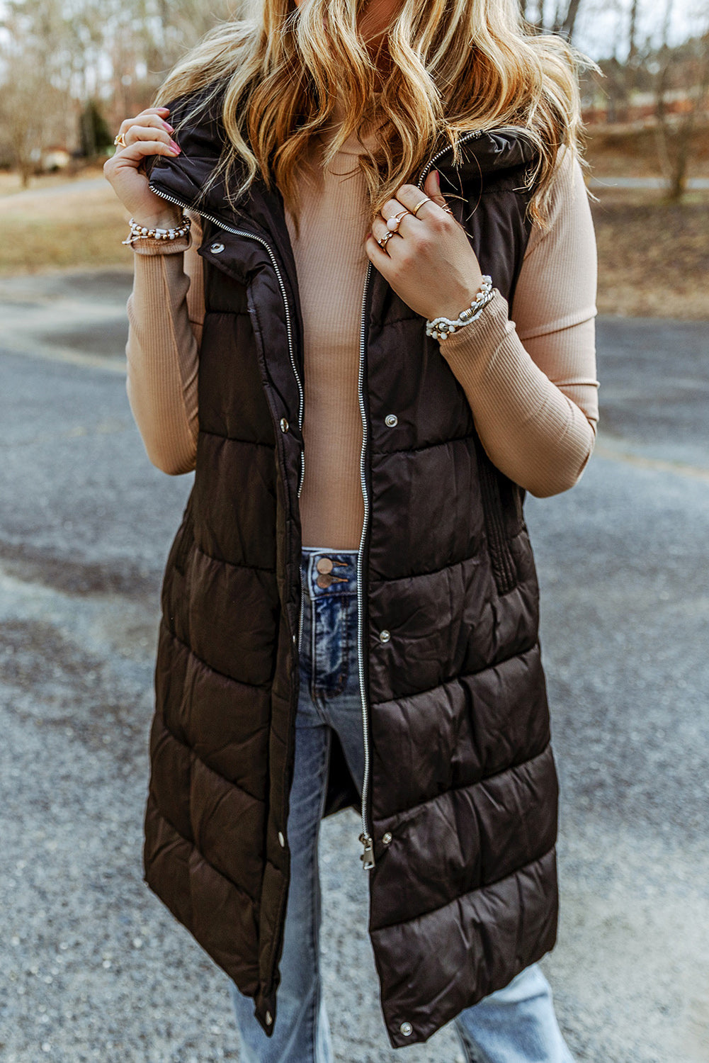Hooded Puffer Long Vest with Pockets