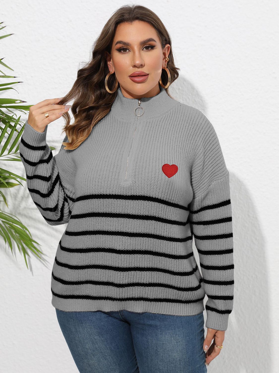 Size Inclusive Zip-Up Striped Sweater with Heart Logo