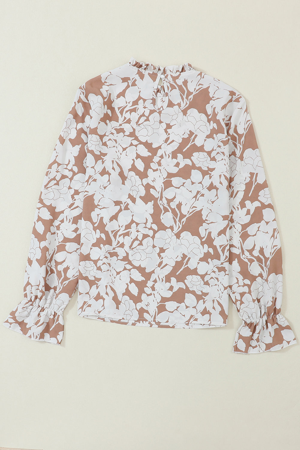 Amelie Light French Beige Floral Print Frilled Neckline Flounce Sleeve Blouse