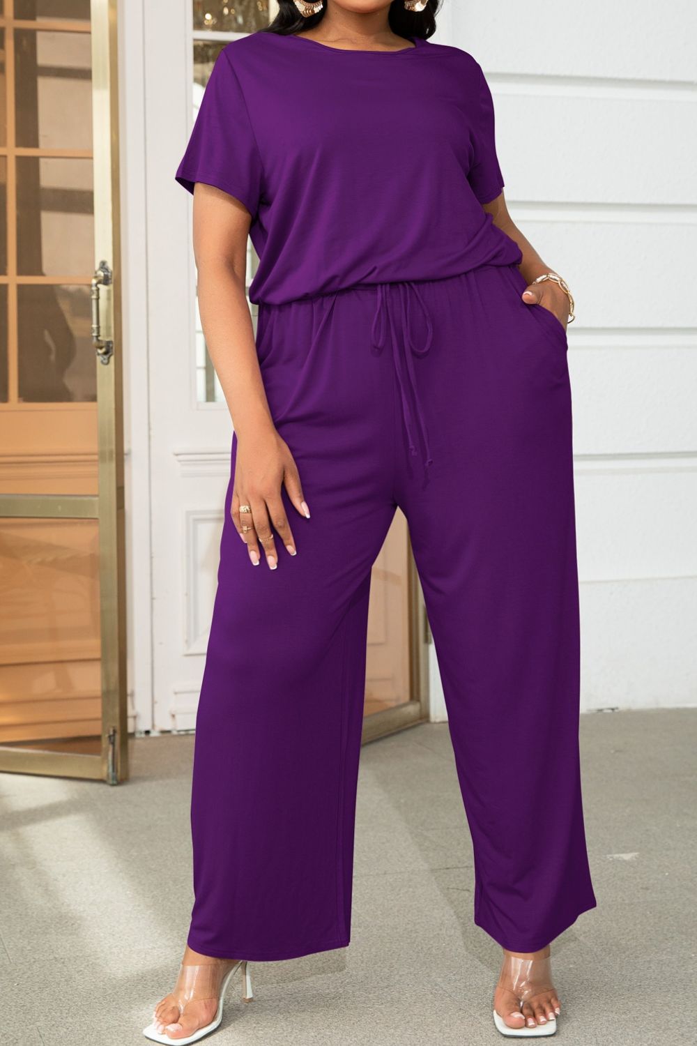 Drawstring Waist Short Sleeve Jumpsuit