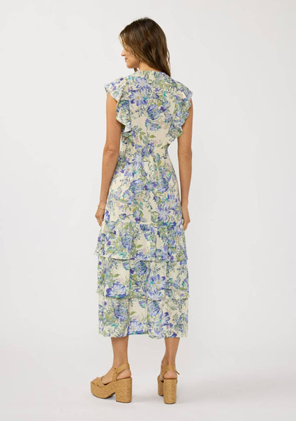 V-neck Smocked Waist Tiered Ruffle Midi Dress