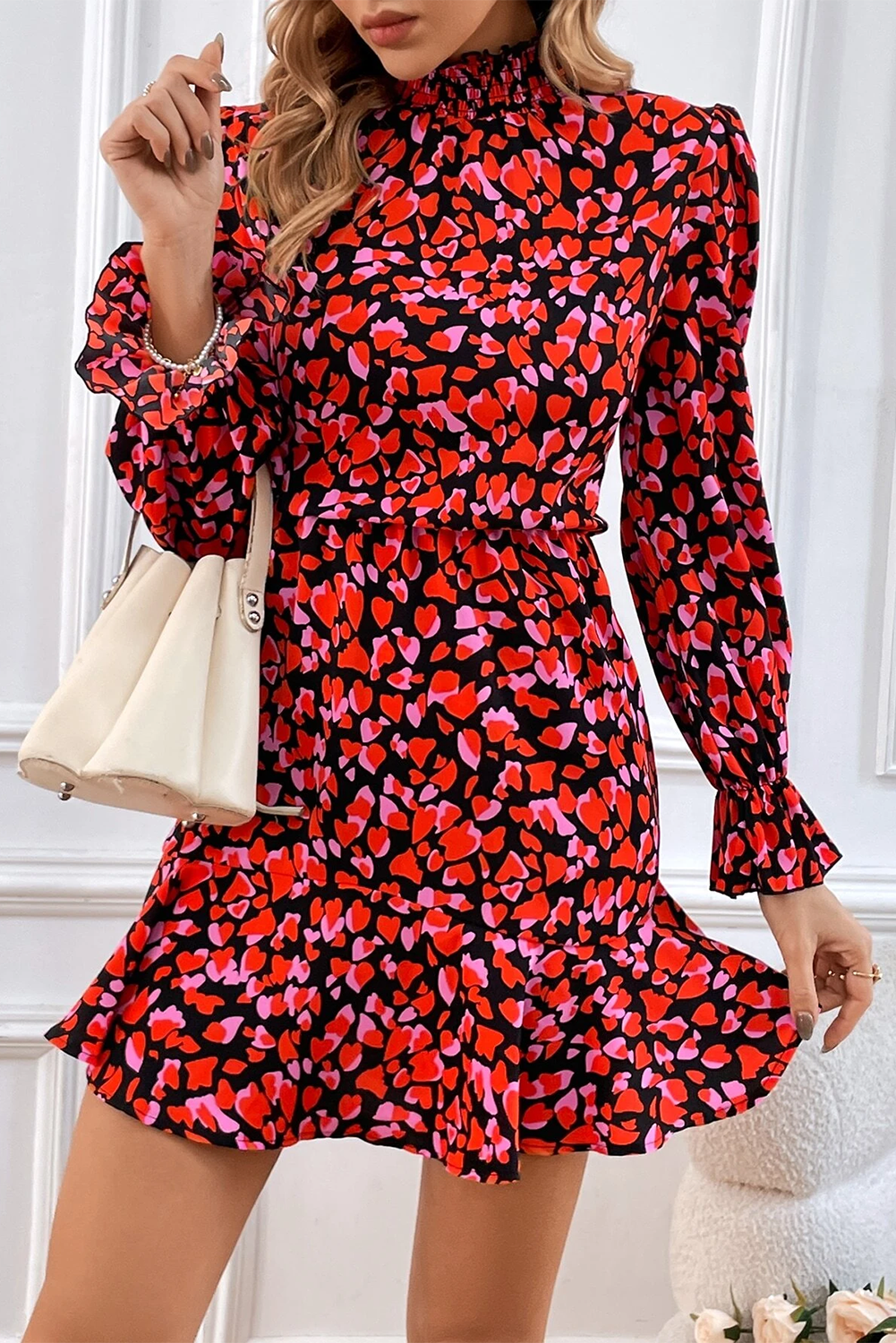 Red Heart Shape Print Long Sleeve Mini Dress