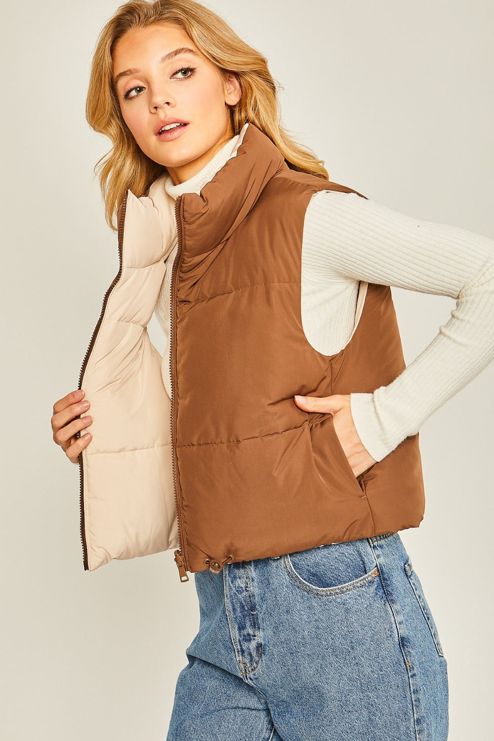 Time for Cocoa Zip Up Cropped Contrast Reversible Vest