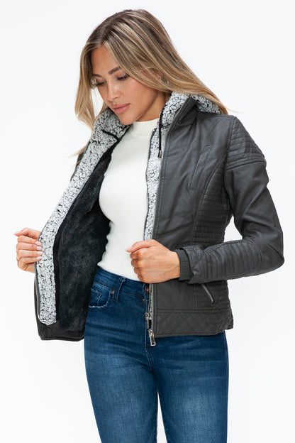 Faux Layered Double-Zipper Jacket with Fuzzy Hood