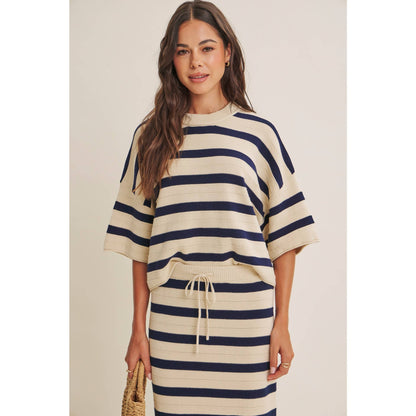 WEEKEND IN CANNES SOFT DRAPE COTTON STRIPE RELAXED SWEATER