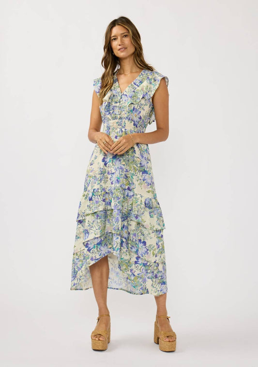 V-neck Smocked Waist Tiered Ruffle Midi Dress
