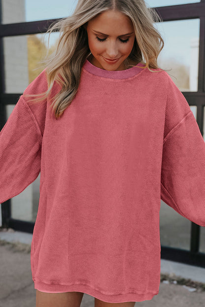 Strawberry Pink Ribbed Corduroy Oversized Sweatshirt