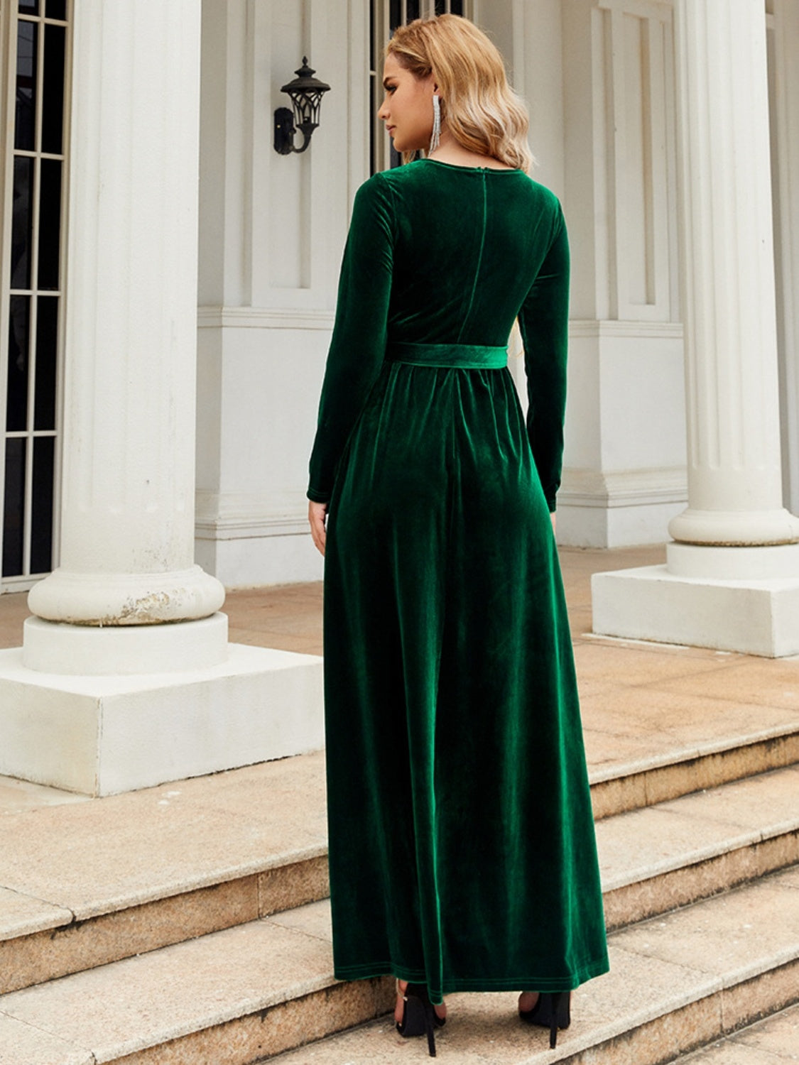 Holiday Tie Front Round Neck Long Sleeve Maxi Dress