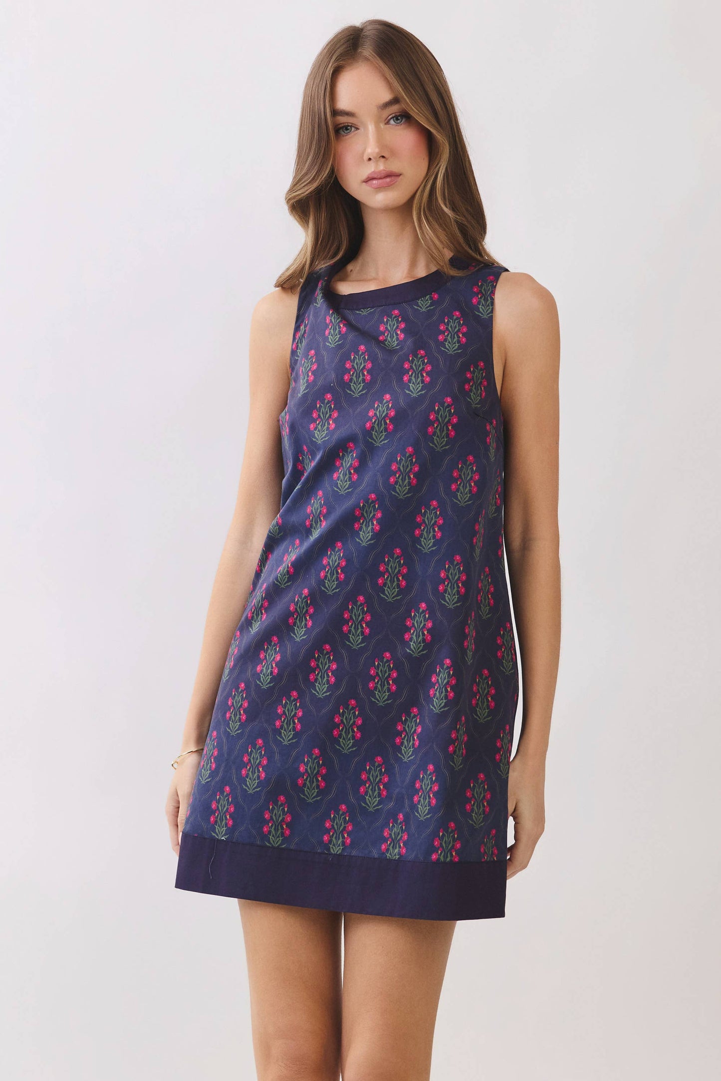 Floral Border Back Zipper Shift Mini Dress