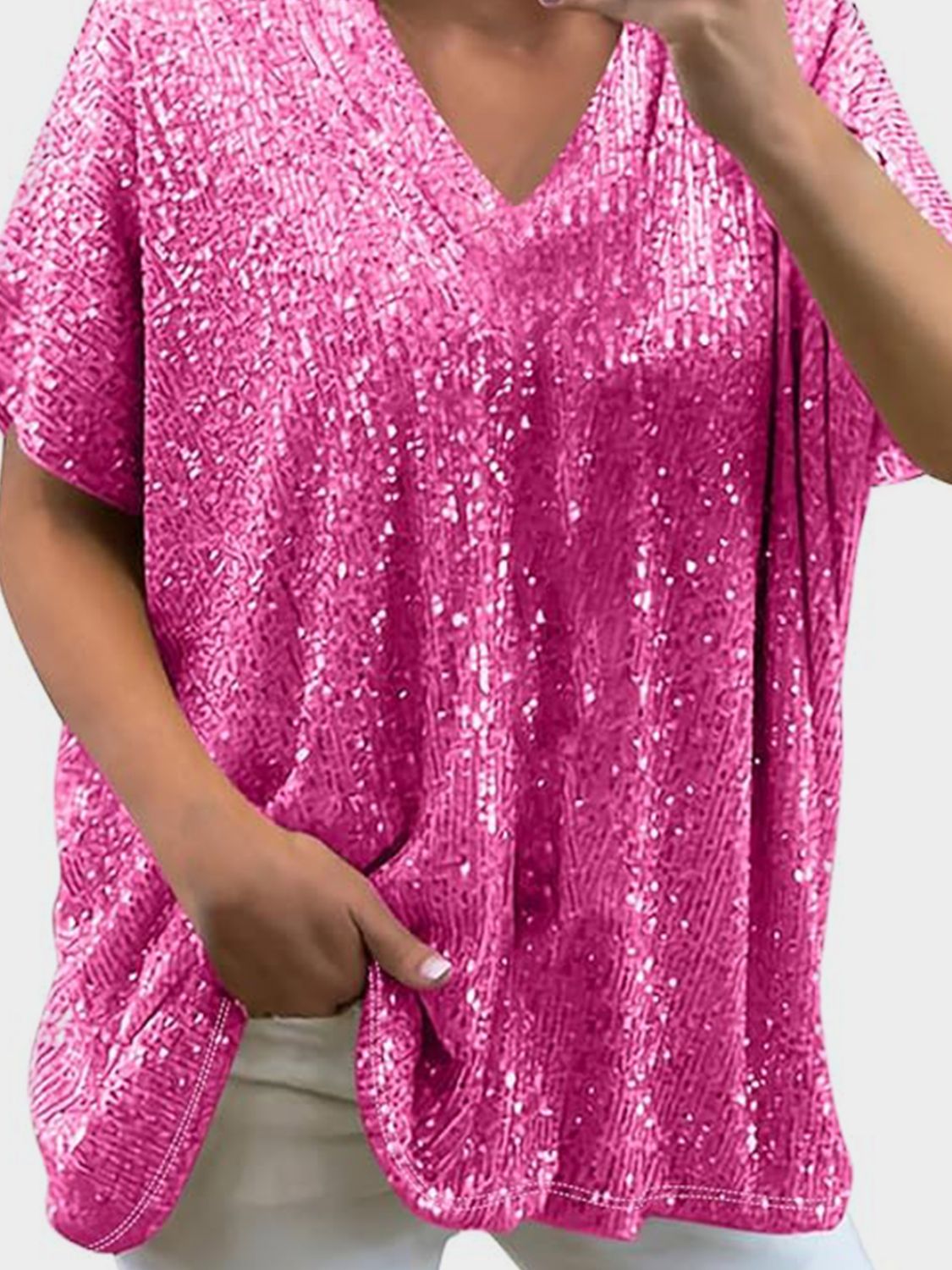 Size Inclusive Sequin V-Neck Short Sleeve Top